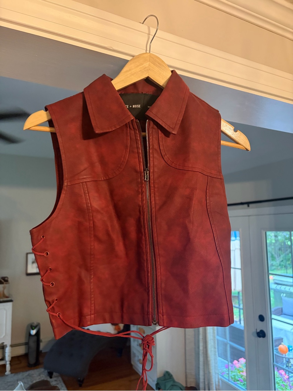 silence + noise Red Leather Lace-Side Zip Vest great condition
